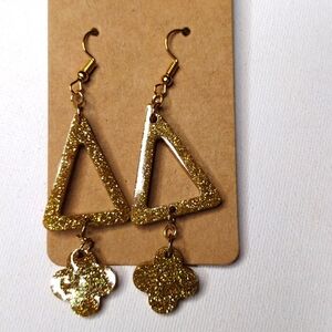 Gold Sparkle double dangle Long triangle 4 leaf clover gold hook earrings